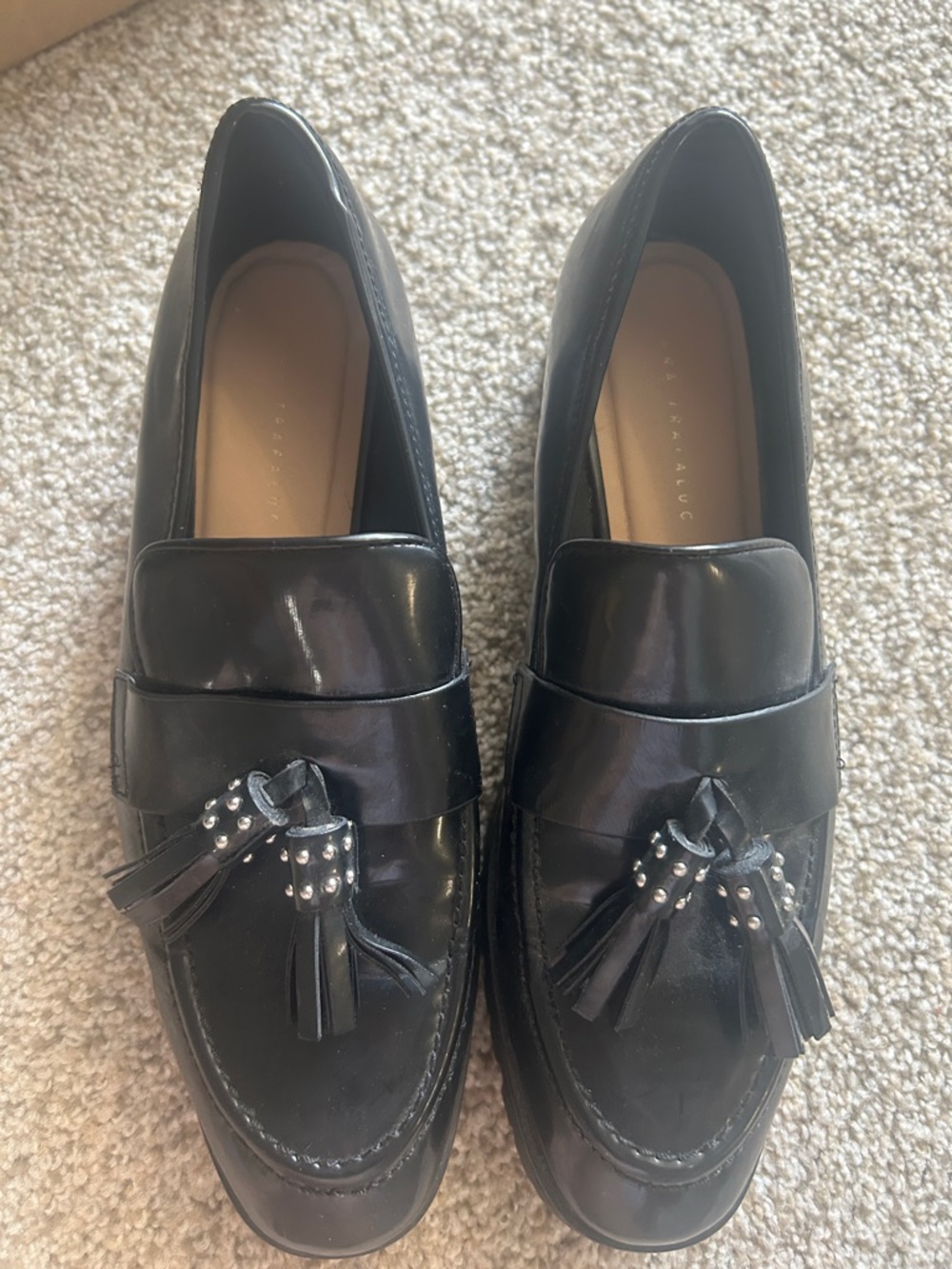 Zara Black Patent Tassel Loafers with Silver Studs